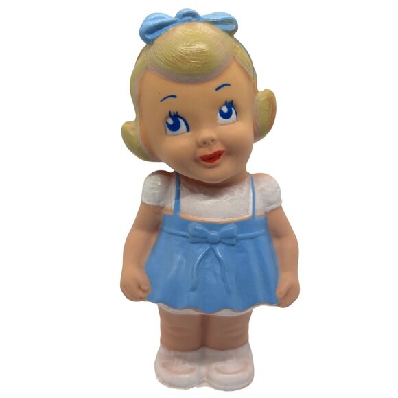 Vintage Rubber Squeaker Toy Doll Blonde Girl In Blue Dress With Bow Collectible - Picture 1 of 3